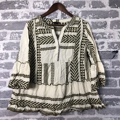 John Mark Top Women Large Green Ivory Boho 3/4 Bell Sleeve Aztec Art to Wear