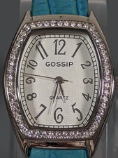 Gossip Silver Tone Crystal Accent Rectangle Case Blue Hinge Band Watch