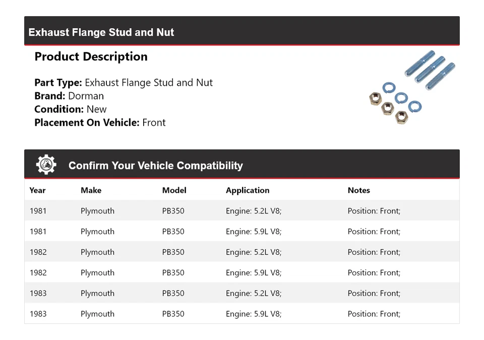 Para 1981-1983 Plymouth PB350 Dorman Brida de escape Perno y tuerca delantera 1982 Foto 2 de 4
