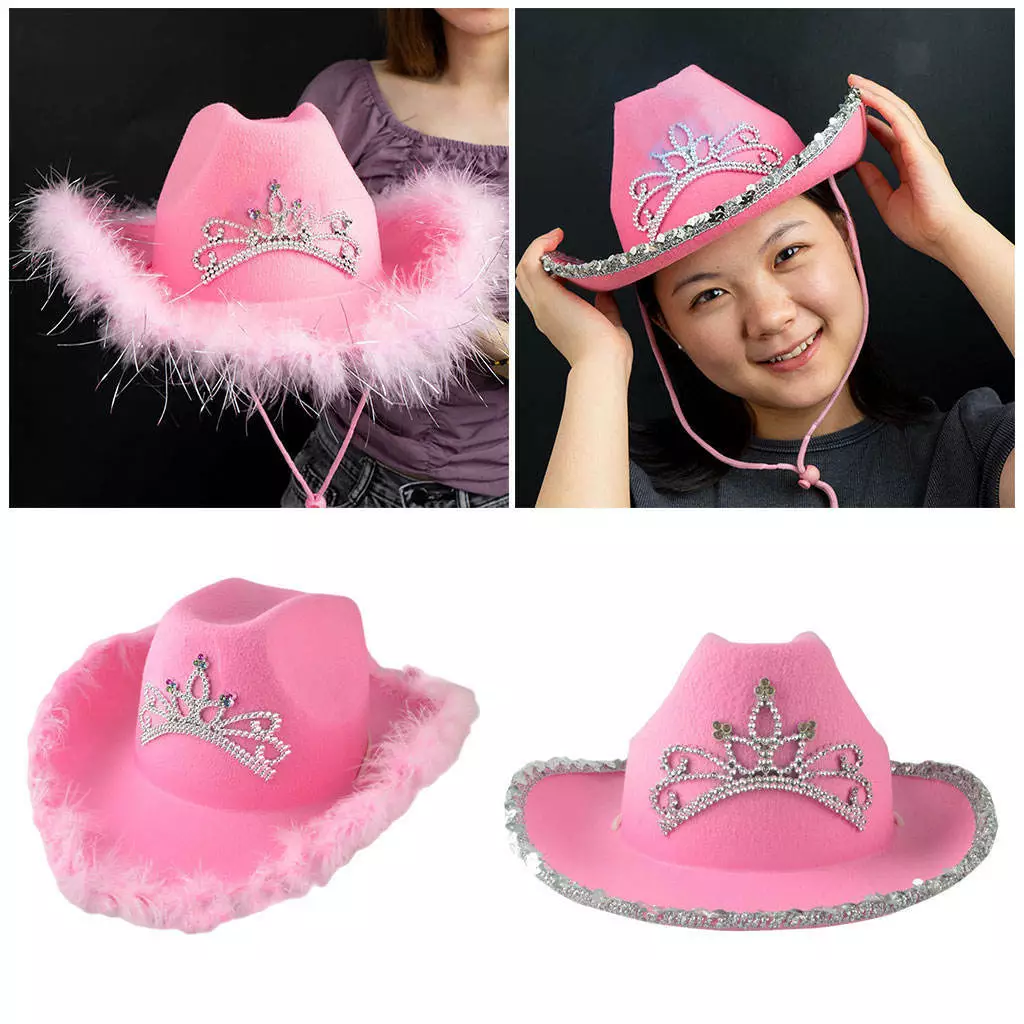 Pink Cowboy Hat with Crown Wide Brim Felt for Women Costume Fancy Dress