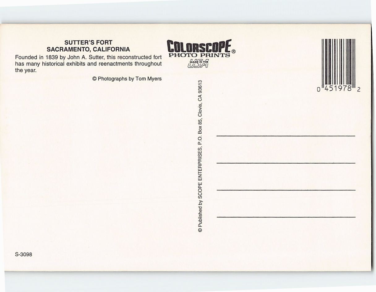 Postcard Sutters Fort Sacramento California USA