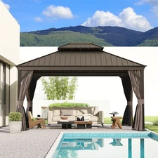 Domi 10x12Ft Hardtop Gazebo Double Roof w/Curtain&Netting,Built-in gutter system