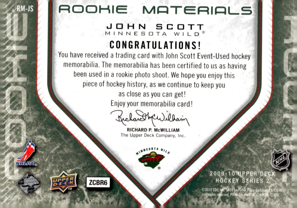 John Scott - Signed 2009-10 Upper Deck Series 2 Rookie Materials Card #RM-JS - Image 2 of 2