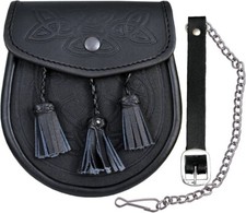 CELTIC EMBOSSED BLACK LEATHER KILT SPORRAN WITH BELT CHAIN