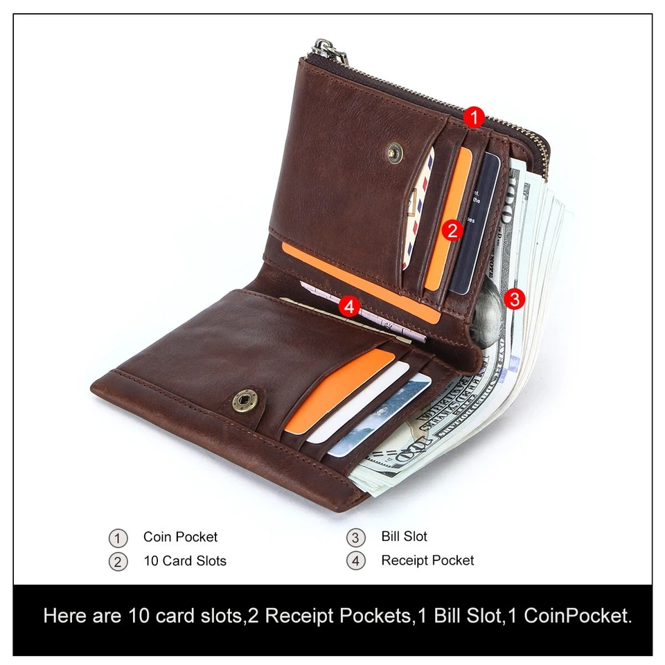 Contacts Men's RFID Oil Wax Leather Wallet Coins Credit Card Holder Purse Bifold - Image 3 of 4