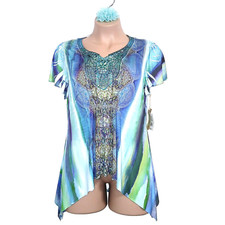 World Unity Women Asymmetric Hem Top 1x Blue Green Bohemian Studded Crochet Boho World Unity Women Asymmetric Hem Top 1x Blue Green Bohemian Studded Crochet Boho