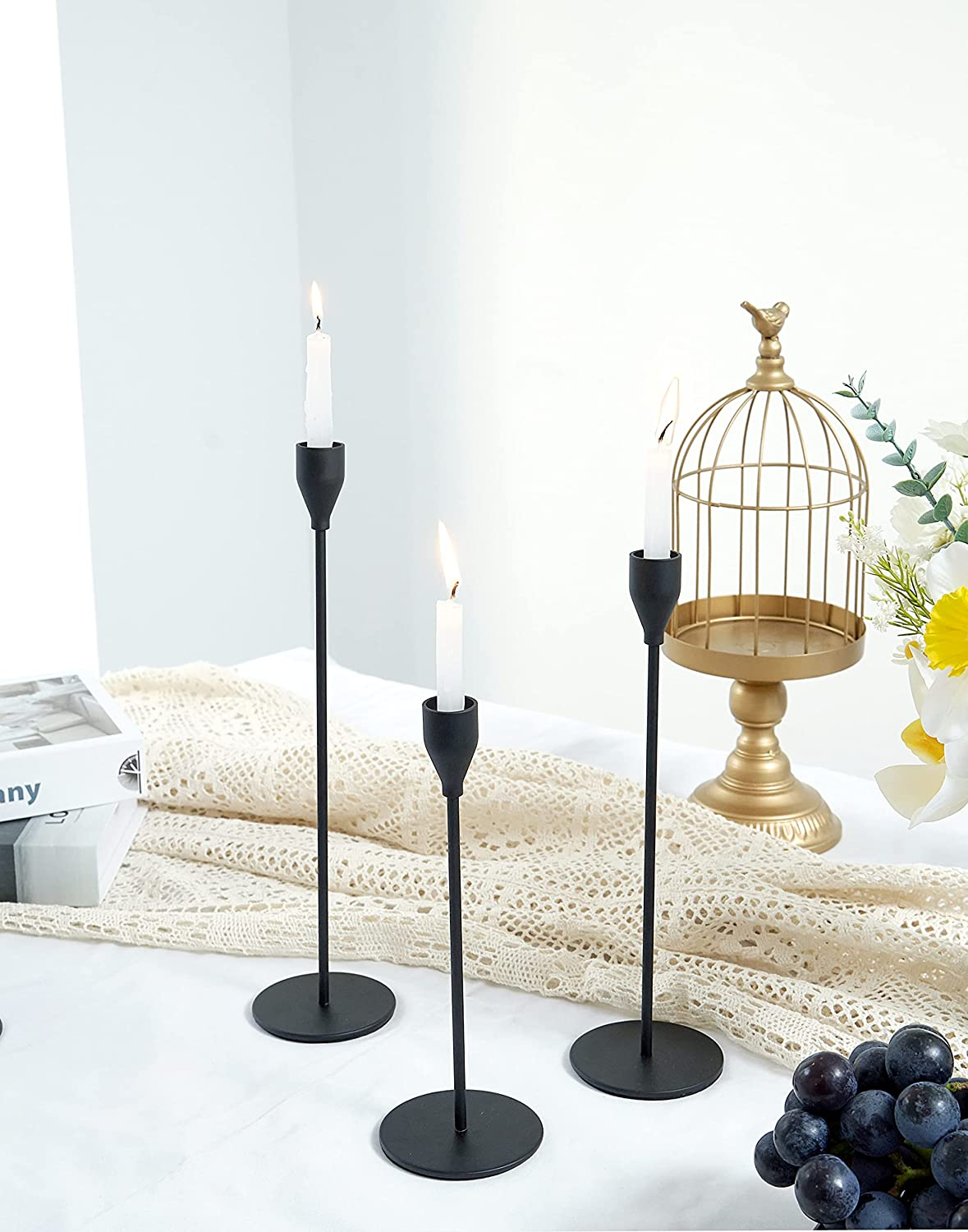 Matte Black Candle Holders for Taper Candles Set of 3，Metal Decorative ...