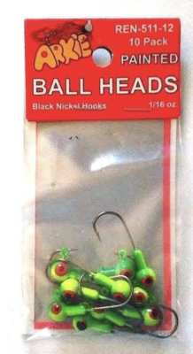 Arkie Painted Ball Heads Fish Hooks, Chartreuse and Lime, 1/16 Oz, Pack of  10