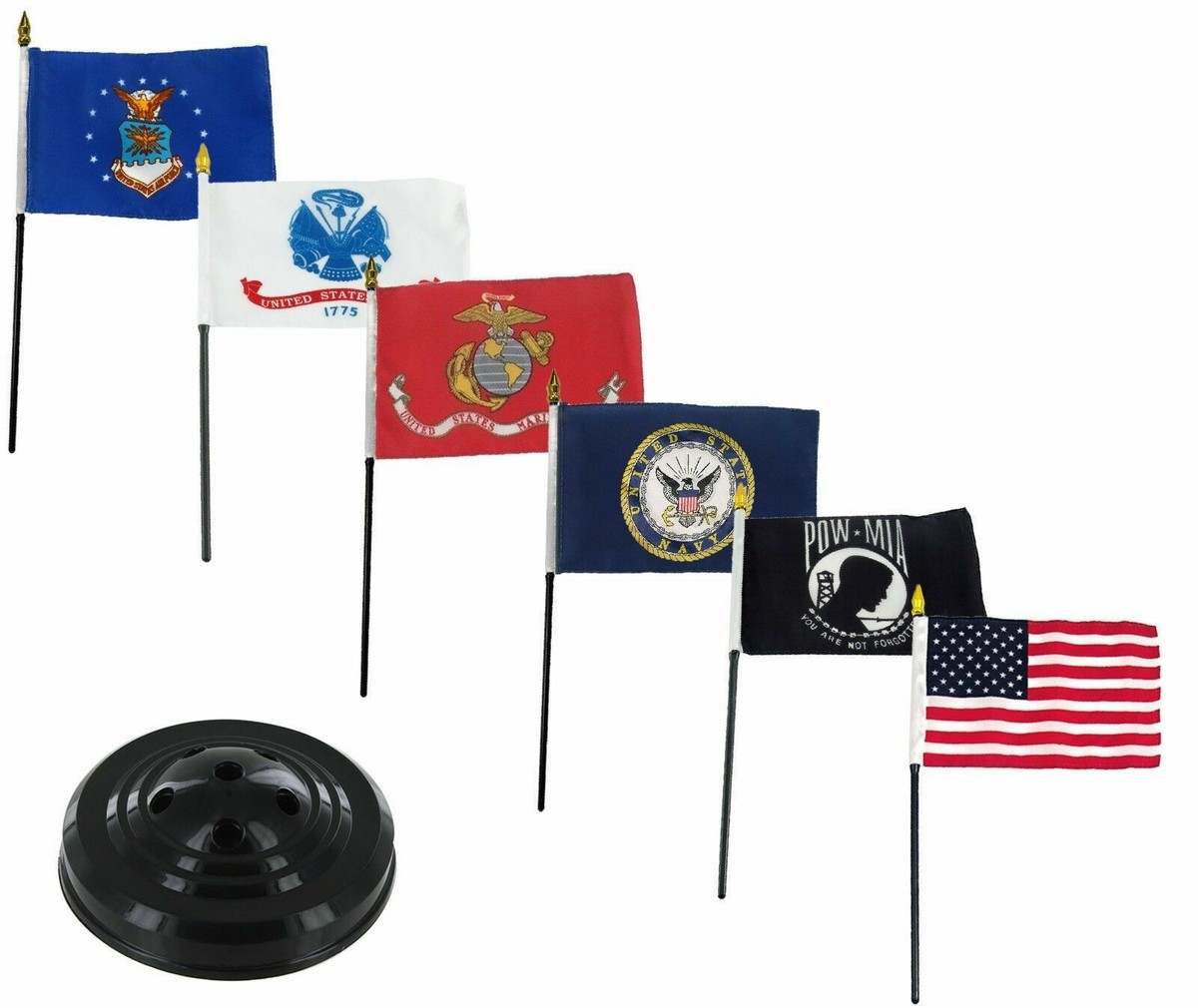 Made In USA Military Flag Set - 7 Armed Forces Flags With Black Display Base