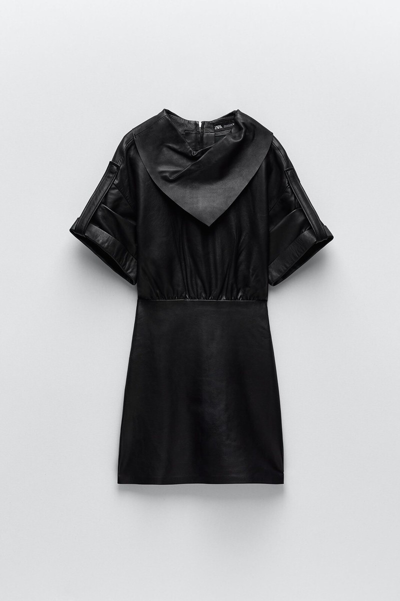 Zara Women 100% Authentic Genuine Scarf Leather Dress Black 5479