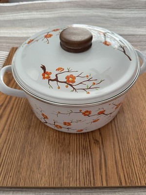 Vtg Retro 60 s/70 s Metalac In Serbia White Orange Enamel Stockpot, Sauce Pan