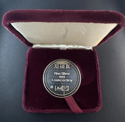 Vintage Xerox Johnson Matthey JM 3 Oz .999 Silver Round / Bar