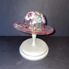 Fenton Pink Glass Floral Hand Painted Hat with Wooden Stand Signed