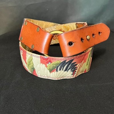 Y2K Lucky Brand Crane Floral Wide Belt Boho Art Wear Leather O Ring Size 32