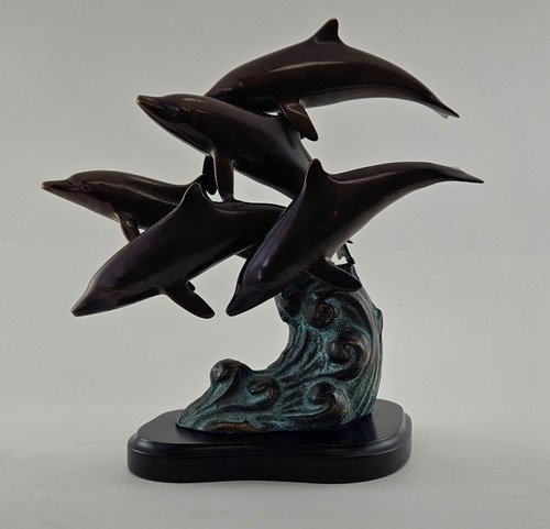 Beautiful Bronze Dolphin Sculpture Featuring Five Dolphins Playfully Swimming