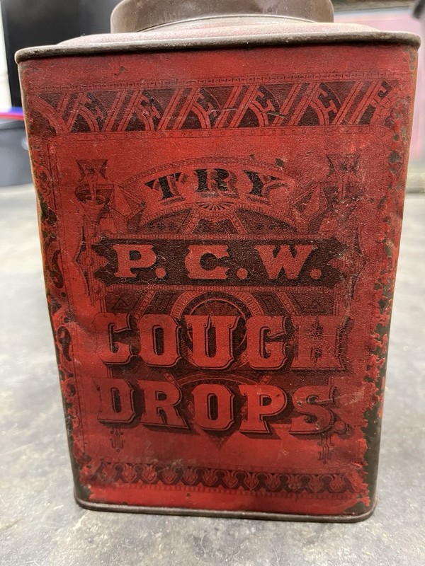 Vintage P.C.W. Cough Drops Red/Black Advertising Tin