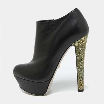 Sergio Rossi Black Leather Platform Ankle Length Booties Size 34.5