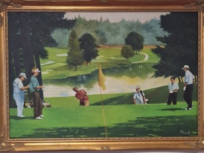Großer Golfplatz Ölgemälde Leinwand Spieler Caddies auf grün original gerahmt