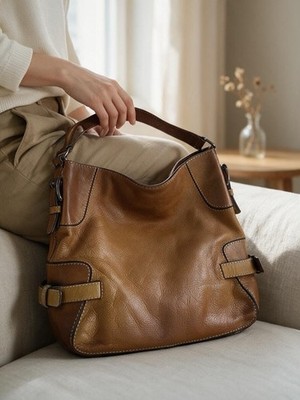 Michael Kors Shoulder Bag Saddle Brown Leather Medium Hobo Tote Handbag Buckles