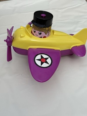 Vintage Amloid Corp Saddle Brook Airplane Whimsical Push Toy Yellow Purple
