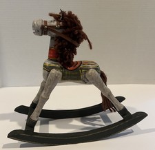 Vintage Wooden Toy Rocking Horse Brown Yarn Tail Mane Hand Painted