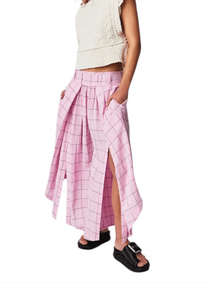Free People Lunar Cove Women s Pink Check Flowy Pants with Side Slits Size XS