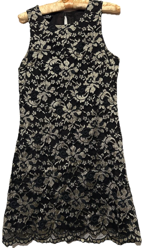 Vestido My Michelle S Negro Encaje Superpuesto Forro Dorado Vintage Y2K Elegante Funda Foto 3 de 4