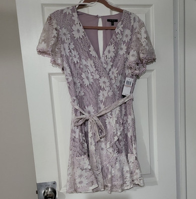 Macy's City Studio Purple/White Floral Lace Fit & Flare V-Neck Belt Jr Si ze 15