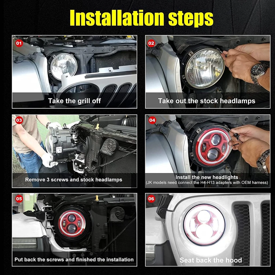 Pair of 7" LED Custom Headlights RED with Halo DRL - Jeep Wrangler JK CJ TJ - Image 4 of 4