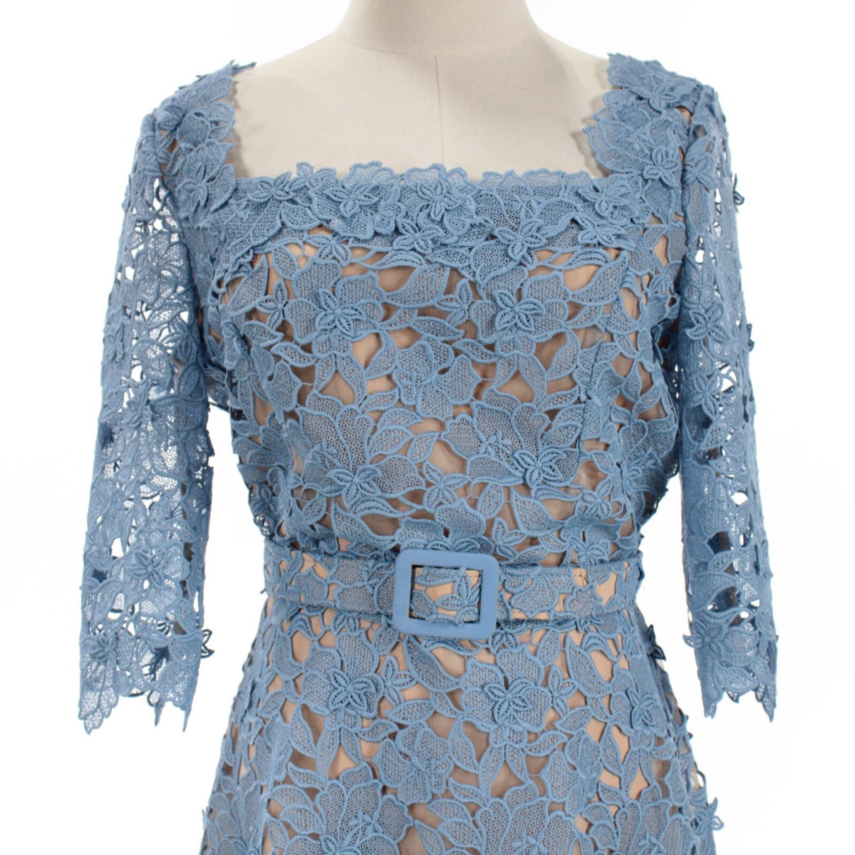 Oscar de la Renta NWD 1/2 Sleeve Lace Midi Dress with Belt Size 6 in Blue