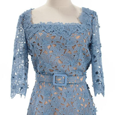 Oscar de la Renta NWD 1/2 Sleeve Lace Midi Dress with Belt Size 6 in Blue |  eBay