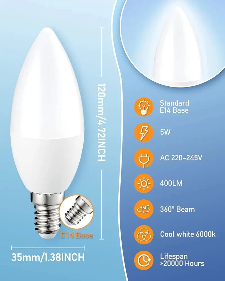 E14 LED Light Bulb 5W 6000K 40W Small Edison Screw 400lm Non Dimmable 6 Packs - Image 3 of 4
