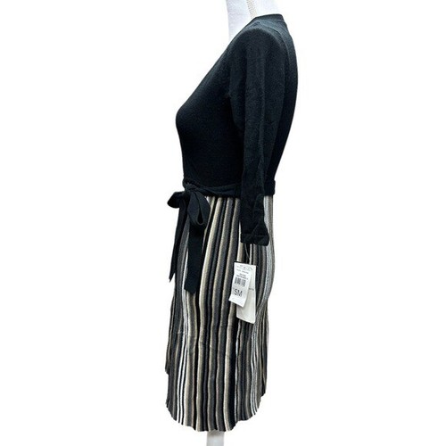 Studio 1 Striped Black Gray Tan Cream Skirt Belted Sweater Dress Size SM NWT - Picture 4 of 9