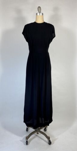 Vintage late 1930's-40's glam black wool crepe dress maxi gown w/ key hole back - Afbeelding 1 van 12