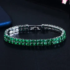 CWWZircons 2 Row Round Silver Plated Cubic Zirconia Green Women Tennis Bracelet