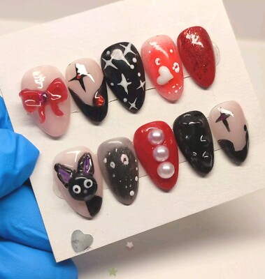 Black Cat Anime Press on Nails Koki Jiji False Nails 