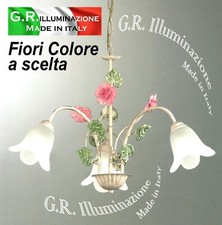 LAMPADARIO IN FERRO BATTUTO 3 LUCI AVORIO ORO SOSPENSIONE FIORI ROSA ORO Sogno