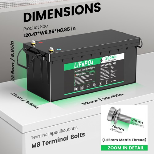12V 200AH LiFePO4 Deep Cycle Lithium Battery for RV Marine Off-Grid Solar System - Picture 9 of 14