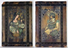 25" Antique Set 3D Relief Ornate Wall Decor Medieval Man Woman Wood Hand Painted