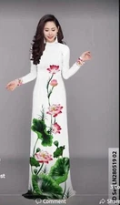 White Ao Dai Vietnamese Lua Mango Silk Long Dress with Pants#0264