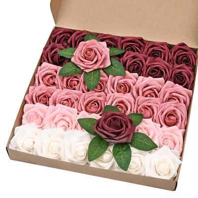 36Pcs Artificial Flowers Fake Roses with Stems Gradient Burgundy Boxed Foam R...