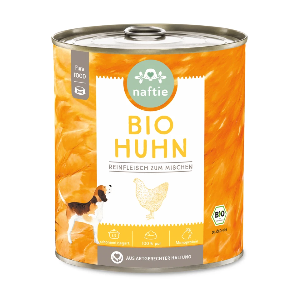 naftie Bio-Hundefutter 100% Bio Huhn, Nassfutter Reinfleisch für Hunde, 6x 800g - Bild 2 von 4