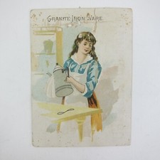 Victorian Trade Card Granite Iron Ware Young Woman Blue Clean Coffee Pot Antique