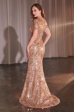 Gold Sequin Fitted Mermaid Gown with Short Sleeves