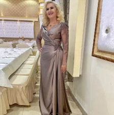 Luxury Evening Dress Long Sleeves Illusion Beading V Neck Satin Women's Formal