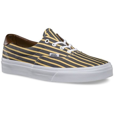 black and white vans with yellow stripe
