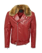 Jordan craig Red  pu motorbike jacket with detachable faux fur