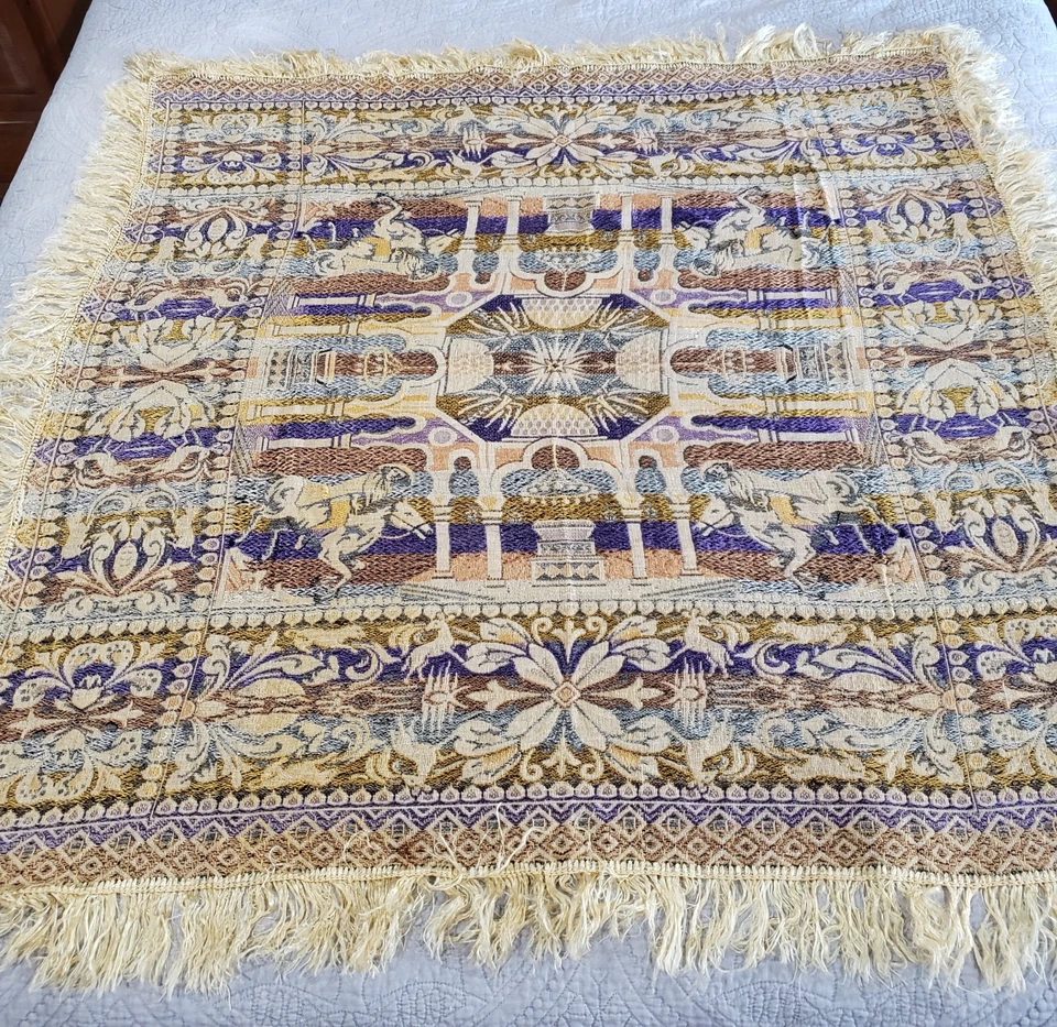 De Colección Tapiz Tejido Colgante de Pared Caballo Floral Escena Dorado Azul Marfil Flecos Boho Foto 2 de 4