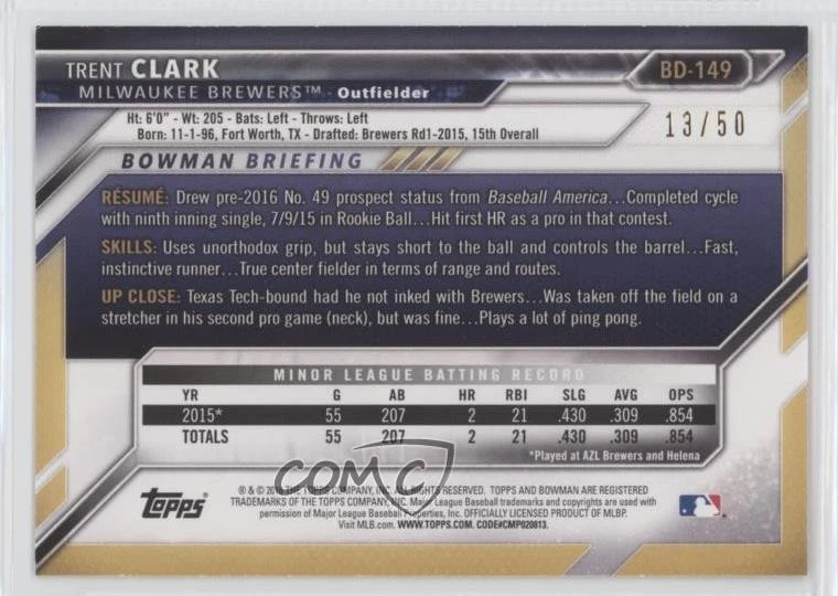 2016 Bowman Draft Top Prospects Gold /50 Trent Clark #BD-149 - Image 2 of 2