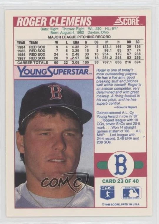 1988 Score Rack Pack Young Superstars 2 Roger Clemens #23 - Image 2 of 2